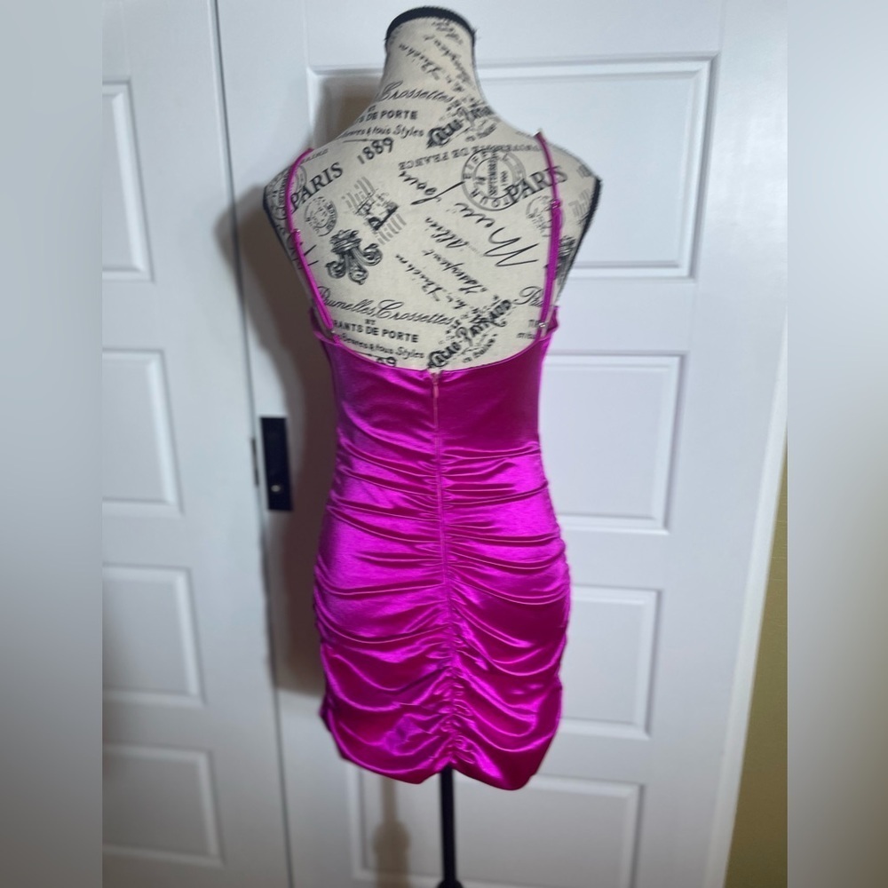 Lucy in the sky Hot Pink Fuschia Cowl Neck satin ruched mini dress - Picture 6 of 7